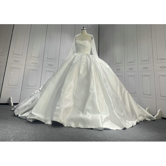 Beaded Satin Ball Gown Wedding Dress With Long Sleeves CBWD00127