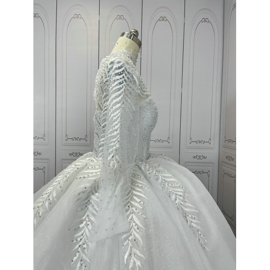 High Collar Leaf Details Ball Gown Wedding Dress With Cathedral Train CBWD00101