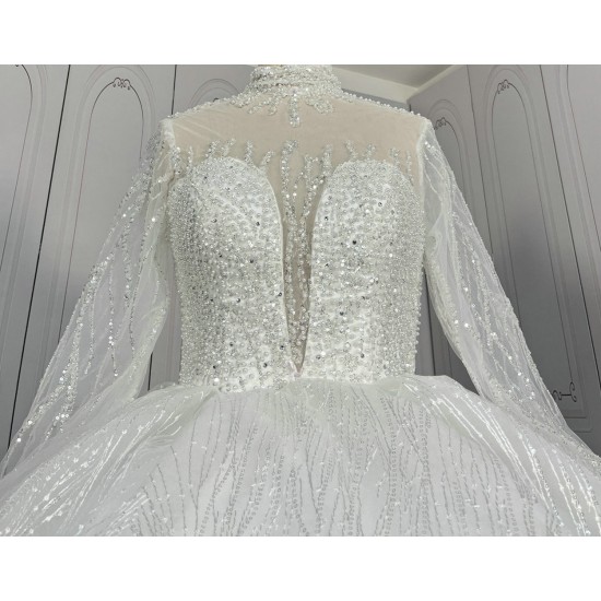 High Collar Sparkly Ball Gown Wedding Dress With Cathedral Train CBWD0097