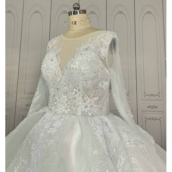 Long Sleeve Lace Ball Gown Wedding Dresses Pure White CBWD0086