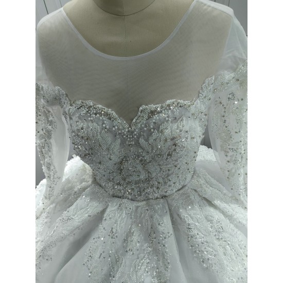 Long Sleeves Lace Ball Gown Wedding Dress With Round Neck CBWD0082