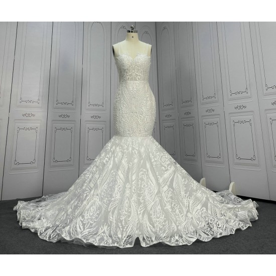 Pearls Lace Mermaid Wedding Dresses CBWD0042