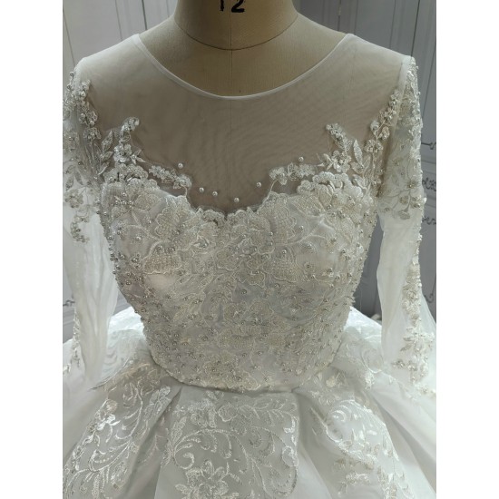 Round  Neck Vintage Lace Wedding Dress With Long Sleeves CBWD0041