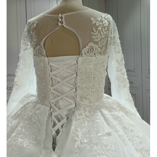 Round  Neck Vintage Lace Wedding Dress With Long Sleeves CBWD0041