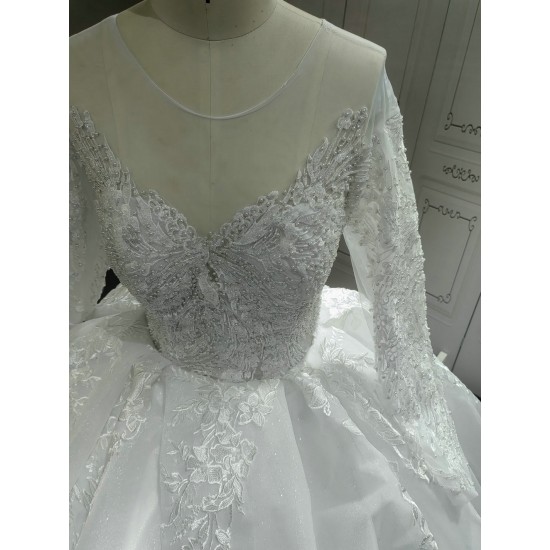 Round Neck Long Sleeves Ball Gown Wedding Dress With Cathedral Train CBWD0036