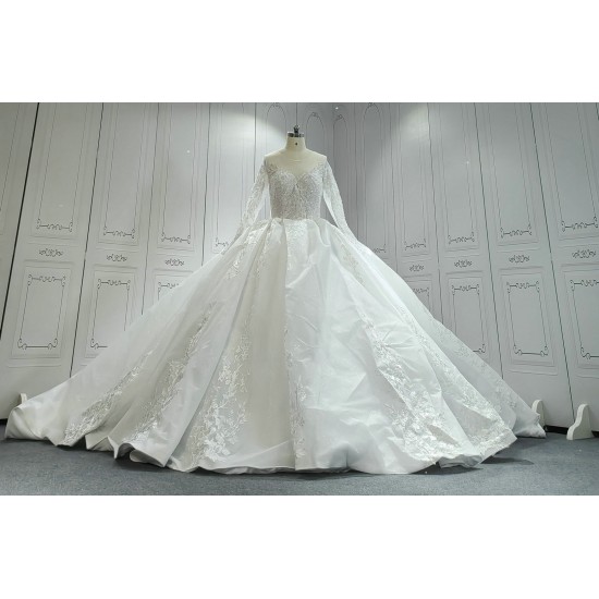 Round Neck Long Sleeves Ball Gown Wedding Dress With Cathedral Train CBWD0036