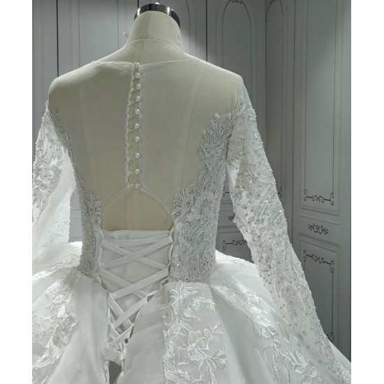 Round Neck Long Sleeves Ball Gown Wedding Dress With Cathedral Train CBWD0036