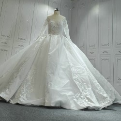 Round Neck Long Sleeves Ball Gown Wedding Dress With Cathedral Train CBWD0036