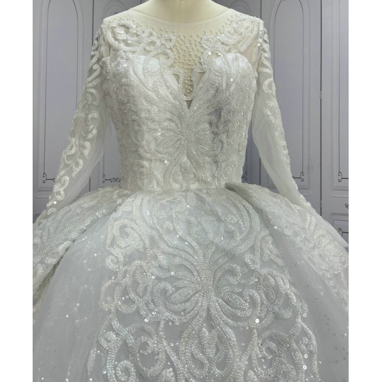 Round Neck Long Sleeves Beaded Luxury Ball Gowns For Bride CBWD0034