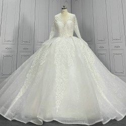 Round Neck Long Sleeves Beaded Luxury Ball Gowns For Bride CBWD0034