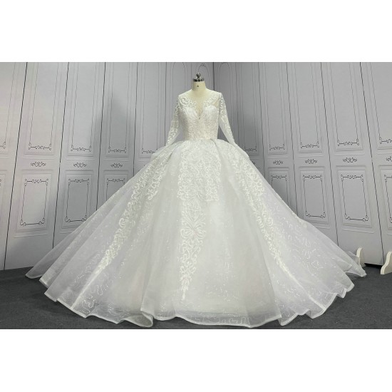 Round Neck Long Sleeves Beaded Luxury Ball Gowns For Bride CBWD0034