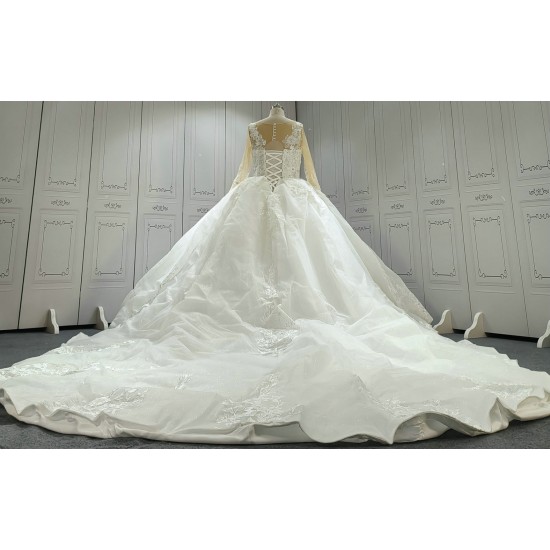 Round Neck Long Sleeves Lace Ball Gown Wedding Dress