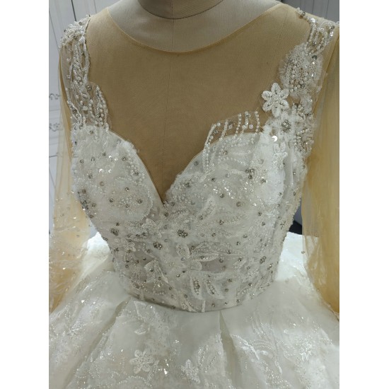 Round Neck Long Sleeves Lace Ball Gown Wedding Dress