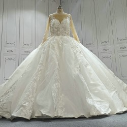 Round Neck Long Sleeves Lace Ball Gown Wedding Dress