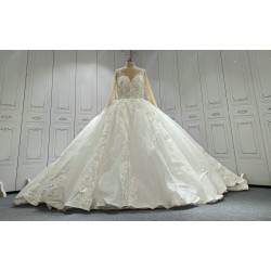 Round Neck Long Sleeves Lace Ball Gown Wedding Dress