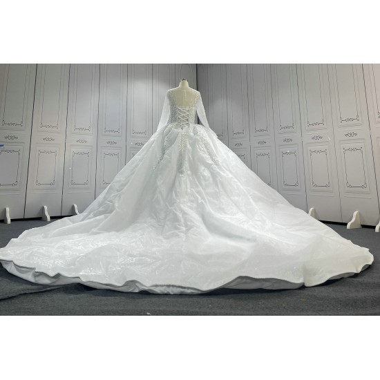 Round Neck Long Sleeves Leaf Lace Ball Gown Wedding Dress With Long Tail CBWD0031