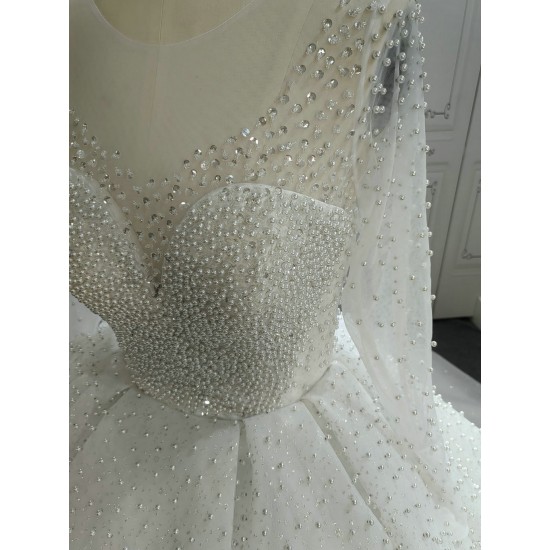 Round Neck Long Sleeves Luxury Pearl Wedding Dresses With Long Train CBWD0030