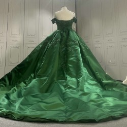 Satin Embroidery Emerald Green Prom Dresses kitchen Party Dress 022