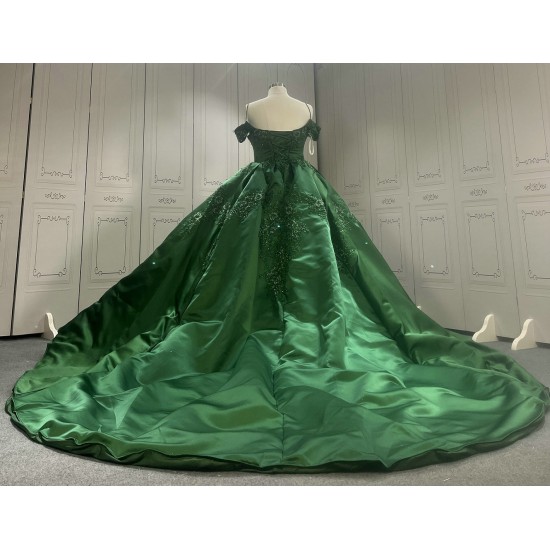 Satin Embroidery Emerald Green Prom Dresses kitchen Party Dress 022