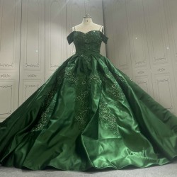 Satin Embroidery Emerald Green Prom Dresses kitchen Party Dress 022