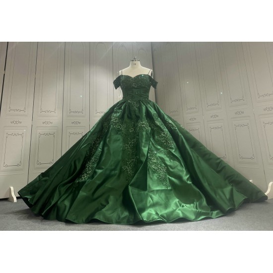 Satin Embroidery Emerald Green Prom Dresses kitchen Party Dress 022