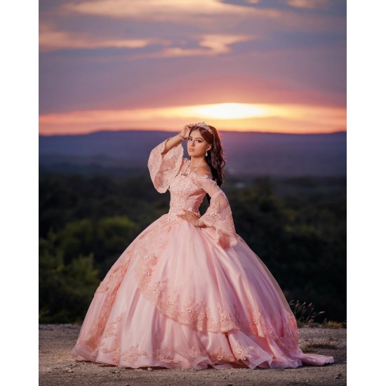 2024 Pink Quinceanera Dress Long Sleeve Vestidos De 15 Anos Girls Sweet 16 Dresses