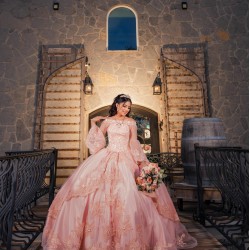 2024 Pink Quinceanera Dress Long Sleeve Vestidos De 15 Anos Girls Sweet 16 Dresses