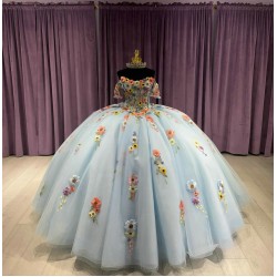 3D Floral Appliques Sky Blue Quinceanera Dresses Off Shoulder 15 Dress