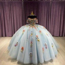 3D Floral Appliques Sky Blue Quinceanera Dresses Off Shoulder 15 Dress