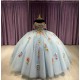 3D Floral Appliques Sky Blue Quinceanera Dresses Off Shoulder 15 Dress