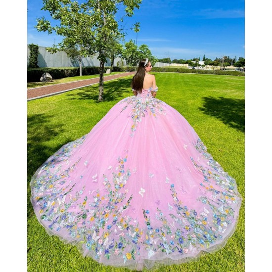 3D Flowers Off Shoulder Quince Dress Pink Vestidos De 15 Anos Sweetheart Neck Vestidos De XV Anos