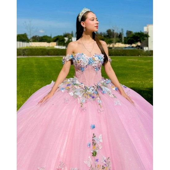 3D Flowers Off Shoulder Quince Dress Pink Vestidos De 15 Anos Sweetheart Neck Vestidos De XV Anos