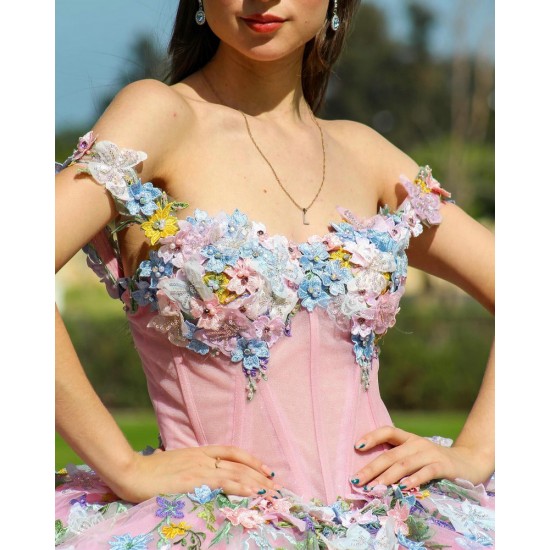 3D Flowers Off Shoulder Quince Dress Pink Vestidos De 15 Anos Sweetheart Neck Vestidos De XV Anos