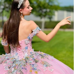 3D Flowers Off Shoulder Quince Dress Pink Vestidos De 15 Anos Sweetheart Neck Vestidos De XV Anos