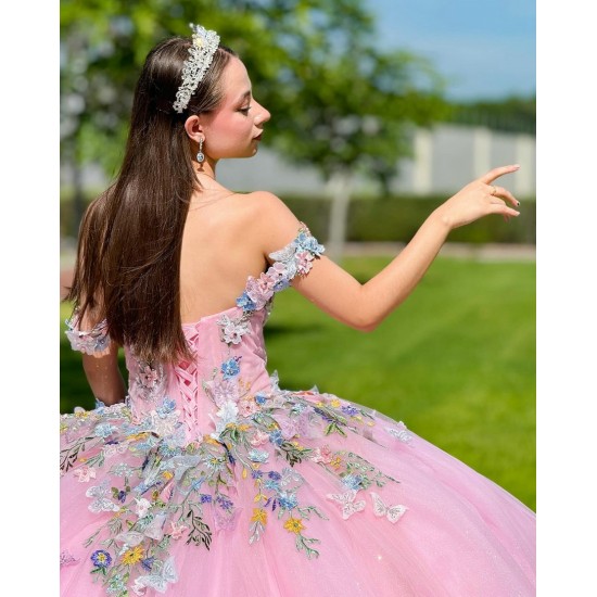 3D Flowers Off Shoulder Quince Dress Pink Vestidos De 15 Anos Sweetheart Neck Vestidos De XV Anos