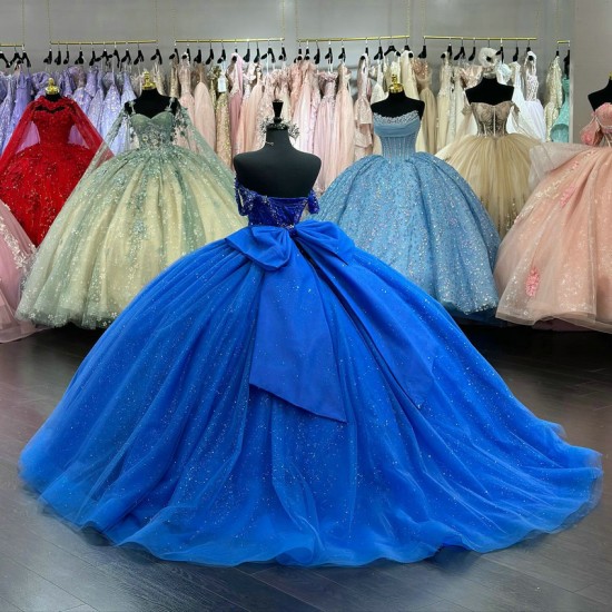 Back Bowtie Off Shoulder Royal Blue Dresses for Sweet 15 Dress