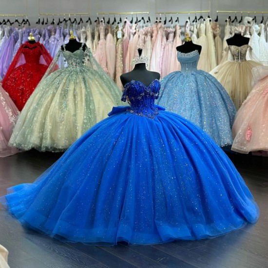 Back Bowtie Off Shoulder Royal Blue Dresses for Sweet 15 Dress