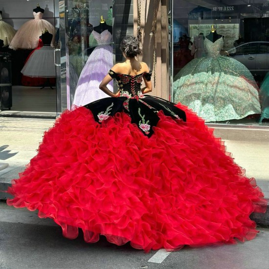 Black And Red Ruffled Quinceanera Dresses Off Shoulder 15 Dress