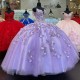 Boat Neck Full length Lilac Quinceanera Dresses With Floral Appliques