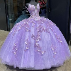 Boat Neck Full length Lilac Quinceanera Dresses With Floral Appliques