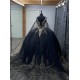 Cape Sleeve Black Quince Dresses Metallic Sequin 15 Dress Sweetheart Neck Ball Gown