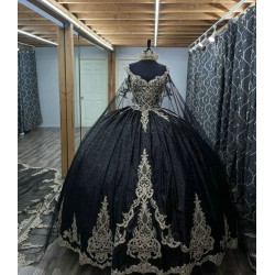 Cape Sleeve Black Quince Dresses Metallic Sequin 15 Dress Sweetheart Neck Ball Gown