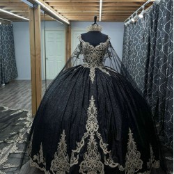 Cape Sleeve Black Quince Dresses Metallic Sequin 15 Dress Sweetheart Neck Ball Gown