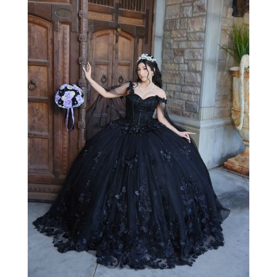 Cape Sleeve Black Quinceanera Dress Sweetheart Neck 15 Dresses With 3D Flowers