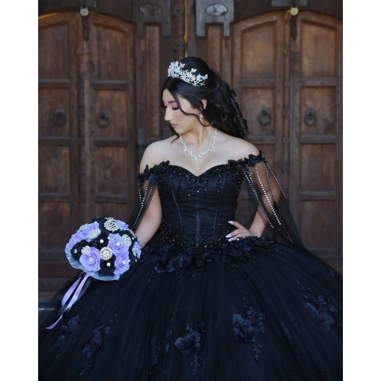 Cape Sleeve Black Quinceanera Dress Sweetheart Neck 15 Dresses With 3D Flowers