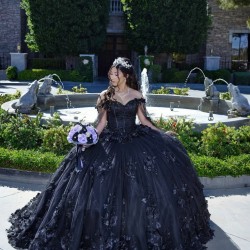 Cape Sleeve Black Quinceanera Dress Sweetheart Neck 15 Dresses With 3D Flowers