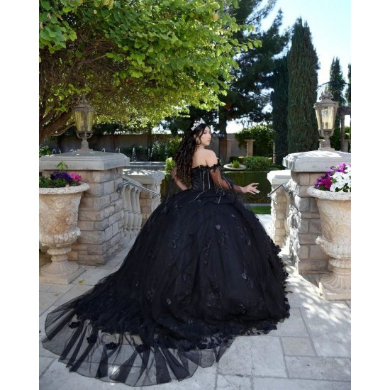 Cape Sleeve Black Quinceanera Dress Sweetheart Neck 15 Dresses With 3D Flowers