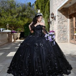 Cape Sleeve Black Quinceanera Dress Sweetheart Neck 15 Dresses With 3D Flowers