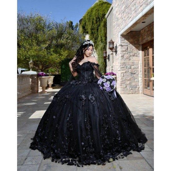 Cape Sleeve Black Quinceanera Dress Sweetheart Neck 15 Dresses With 3D Flowers