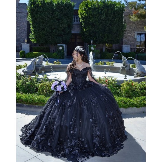 Cape Sleeve Black Quinceanera Dress Sweetheart Neck 15 Dresses With 3D Flowers